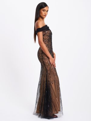 Qeturah Embroidered Sequin Off Shoulder Mesh Gown