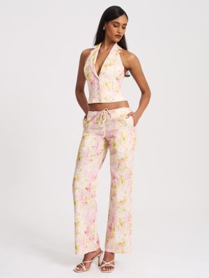Lauren Pink Floral Print Ruched Back Linen Suit Vest