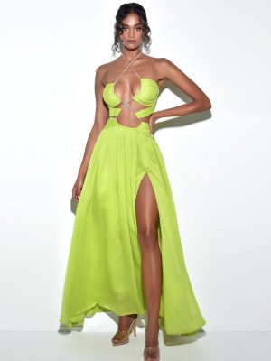 Quinby Lemon Chiffon Pleated Lace Up Maxi Dress