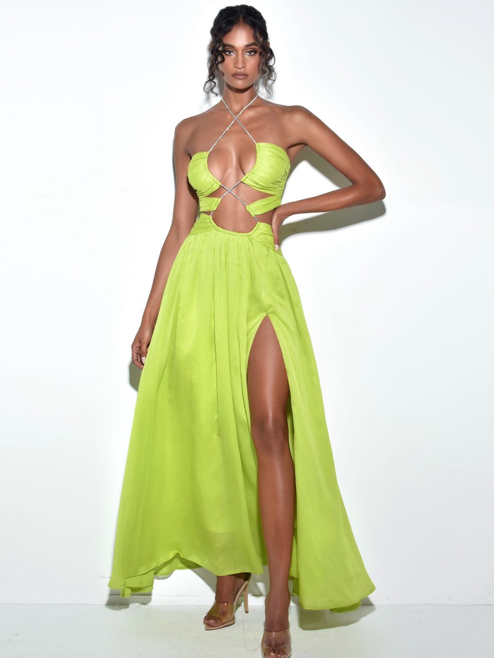 Quinby Lemon Chiffon Pleated Lace Up Maxi Dress