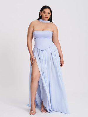 Qianna Baby Blue Peplum Top Drop Waist Chiffon Gown