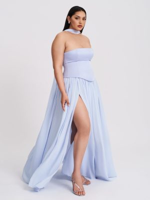 Qianna Baby Blue Peplum Top Drop Waist Chiffon Gown