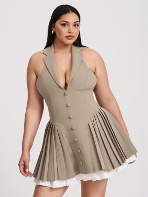 Hazel Brown Preppy Halter Neck Pleated Mini Dress