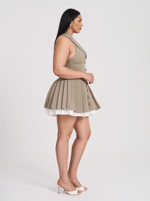 Hazel Brown Preppy Halter Neck Pleated Mini Dress