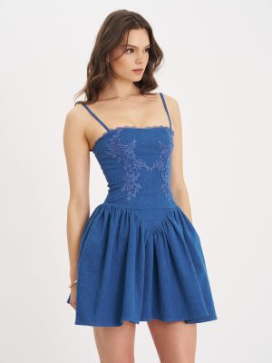 Zafira Cotton Denim Drop Waist Corset Mini Dress