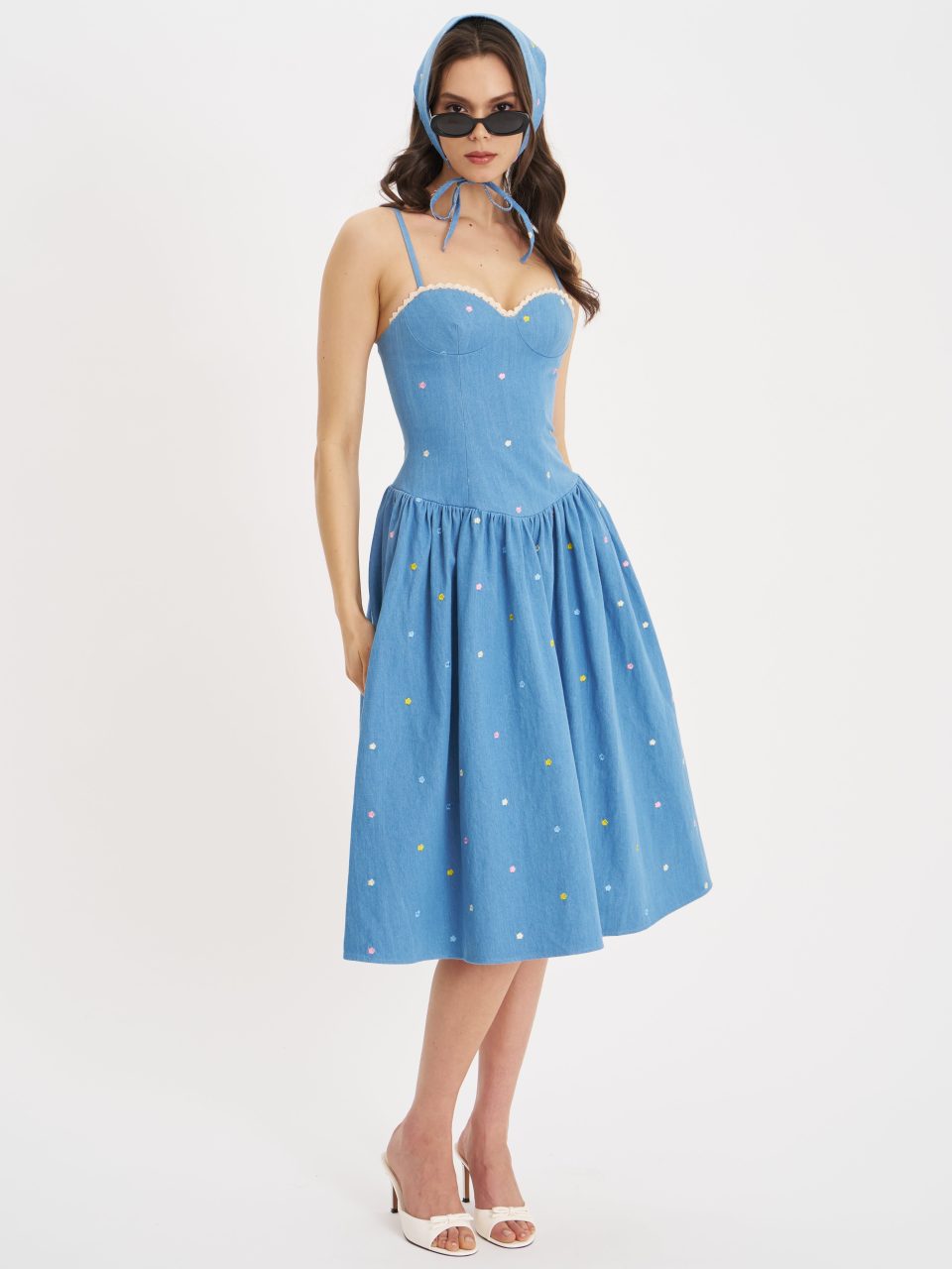 Zadie Cotton Denim Drop Waist Embroidery Flower Midi Dress