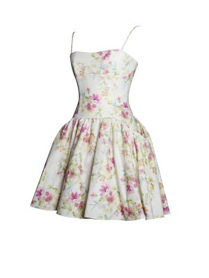 Valda Yellow and Pink Print Linen Mini Dress with Pockets