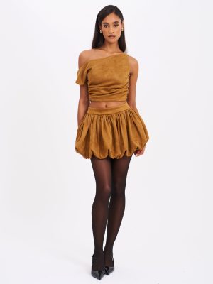Yuna Brown Suede Bubble Hem Skirt